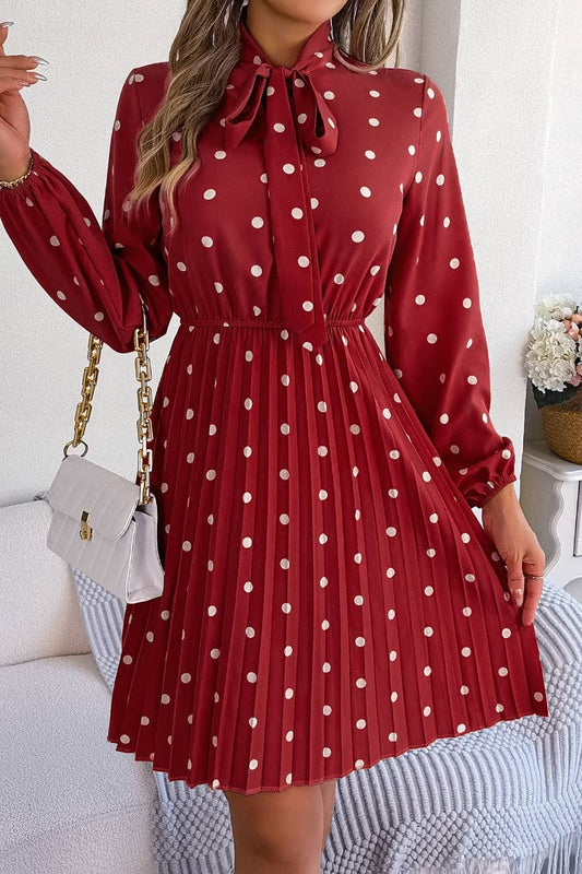 CWDSD4684_SUMMER POLKA-DOT WAIST LONG SLEEVE PLEATED DRESS