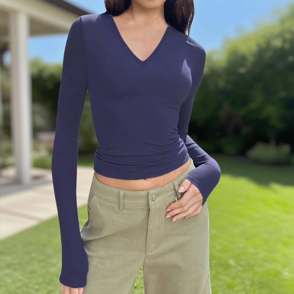 V-neck long-sleeved basic slimming T-shirt