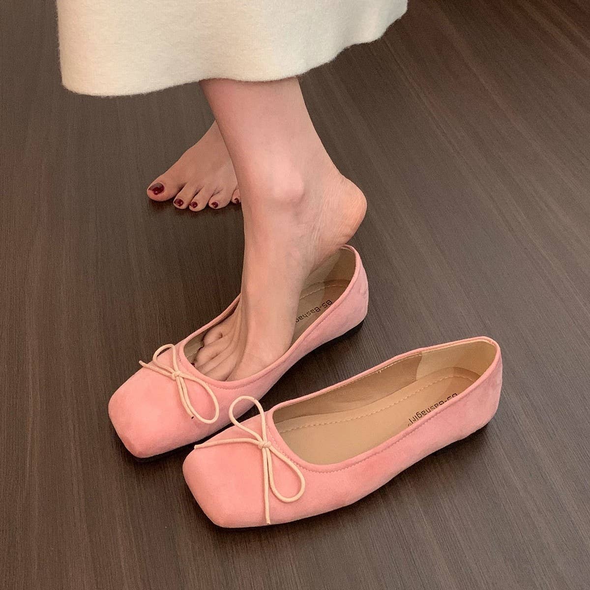 Bow Ballet Flats Soft Red Square Toe Shoes_CWSHF0119