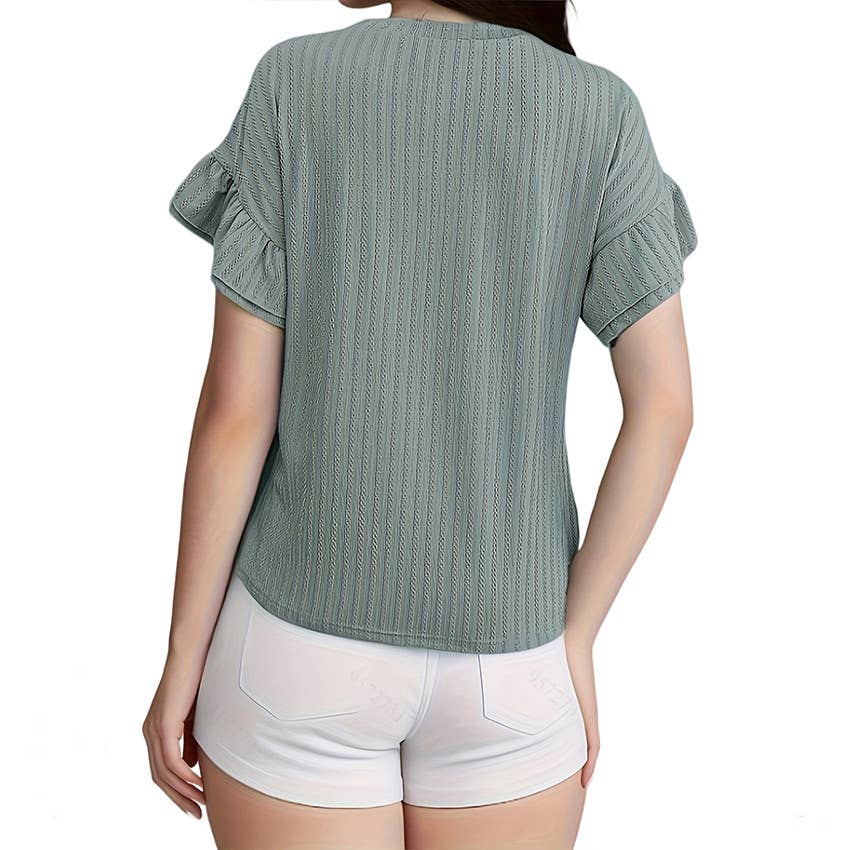 Round neck short sleeve T-shirt with lotus sleeves