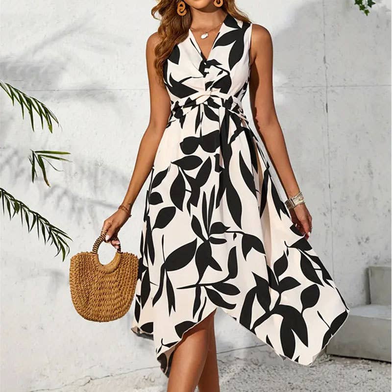 Leaf print kink irregular dress