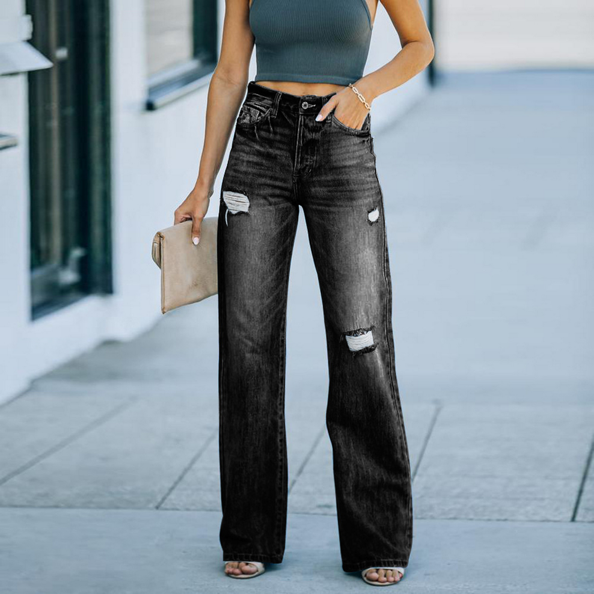 Ripped Wide Leg Jeans ? Casual Slim Fit Pants