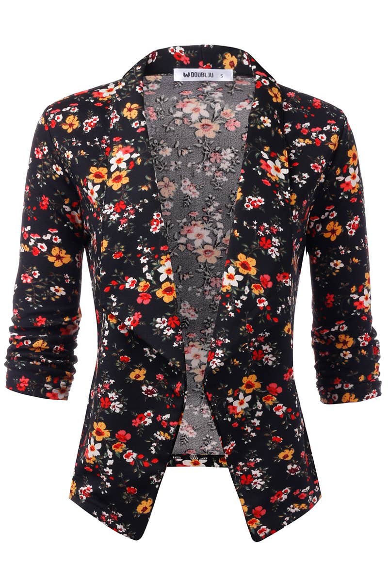 CWOBL091_Casual Work Ruched 3/4 Slv Open Front Blazer Jacket