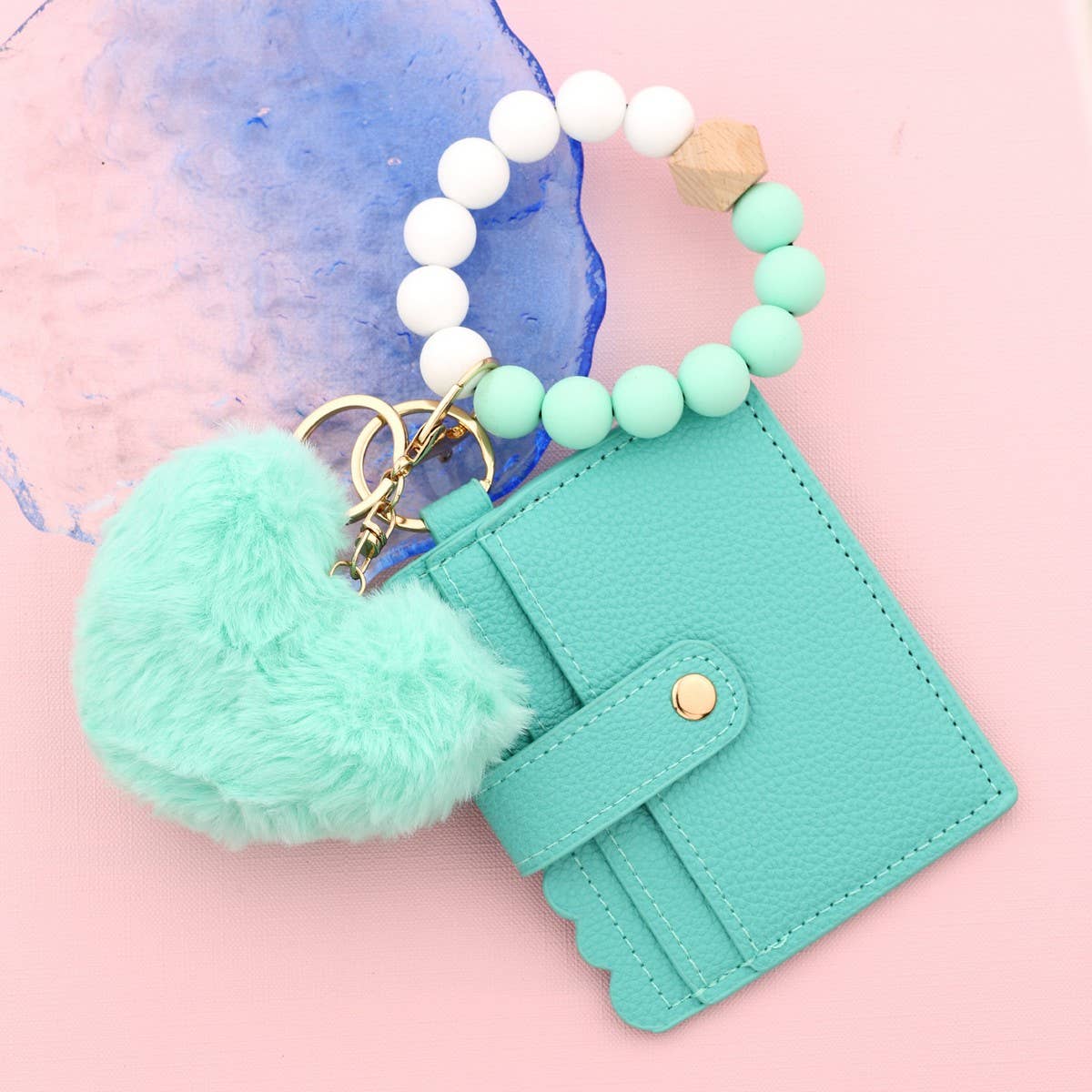 Heart Fur Ball Keychain Wallet with Bead Bracelet_CUAB00448
