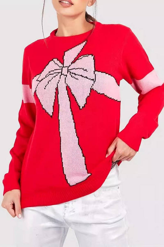 Solid color crew neck sweater with bow elements