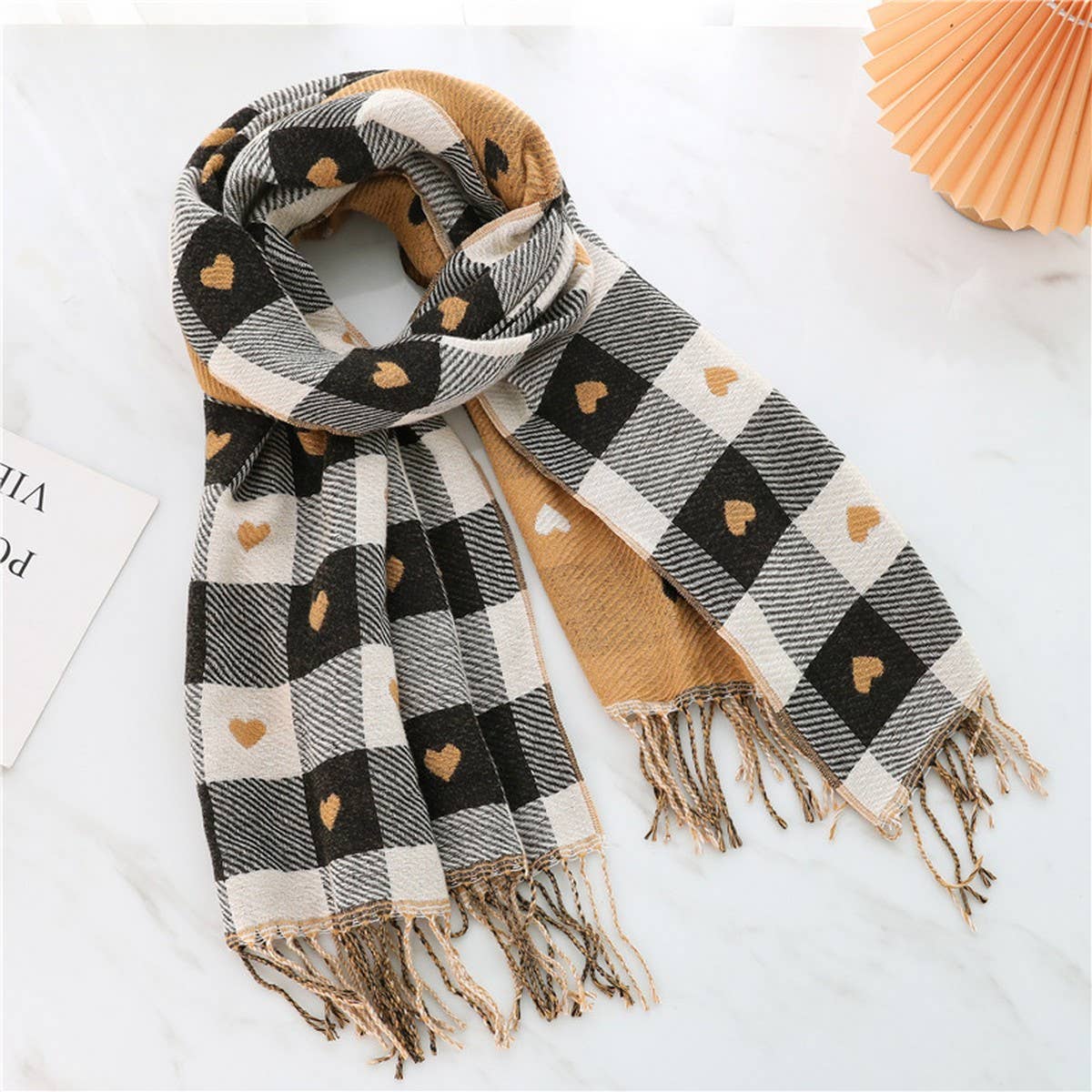 Plaid Scarf - Heart Colorblock Tassel Winter Shawl_CWASC0980