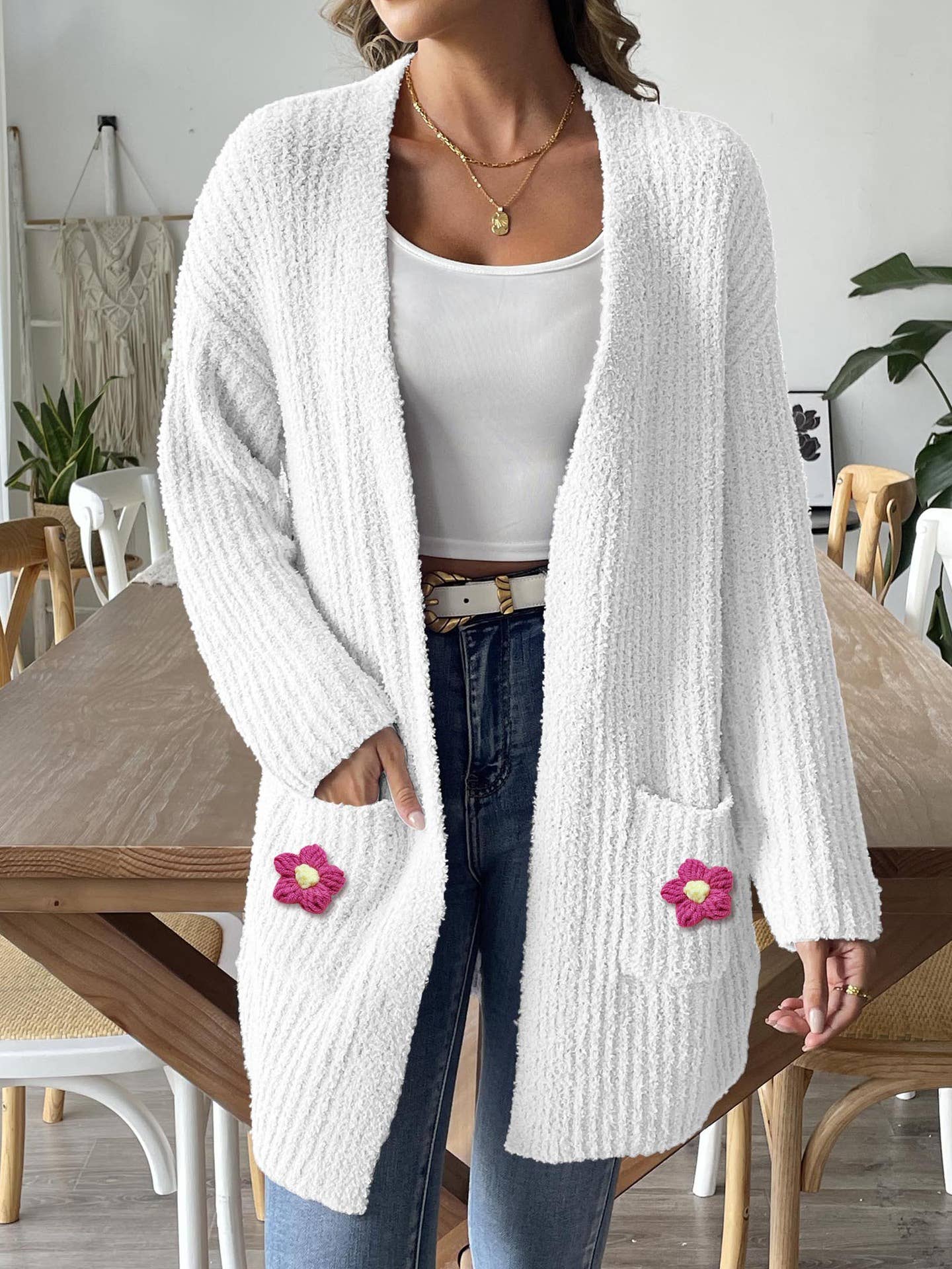 Woven hand-crocheted double pocket casual sweater jacket