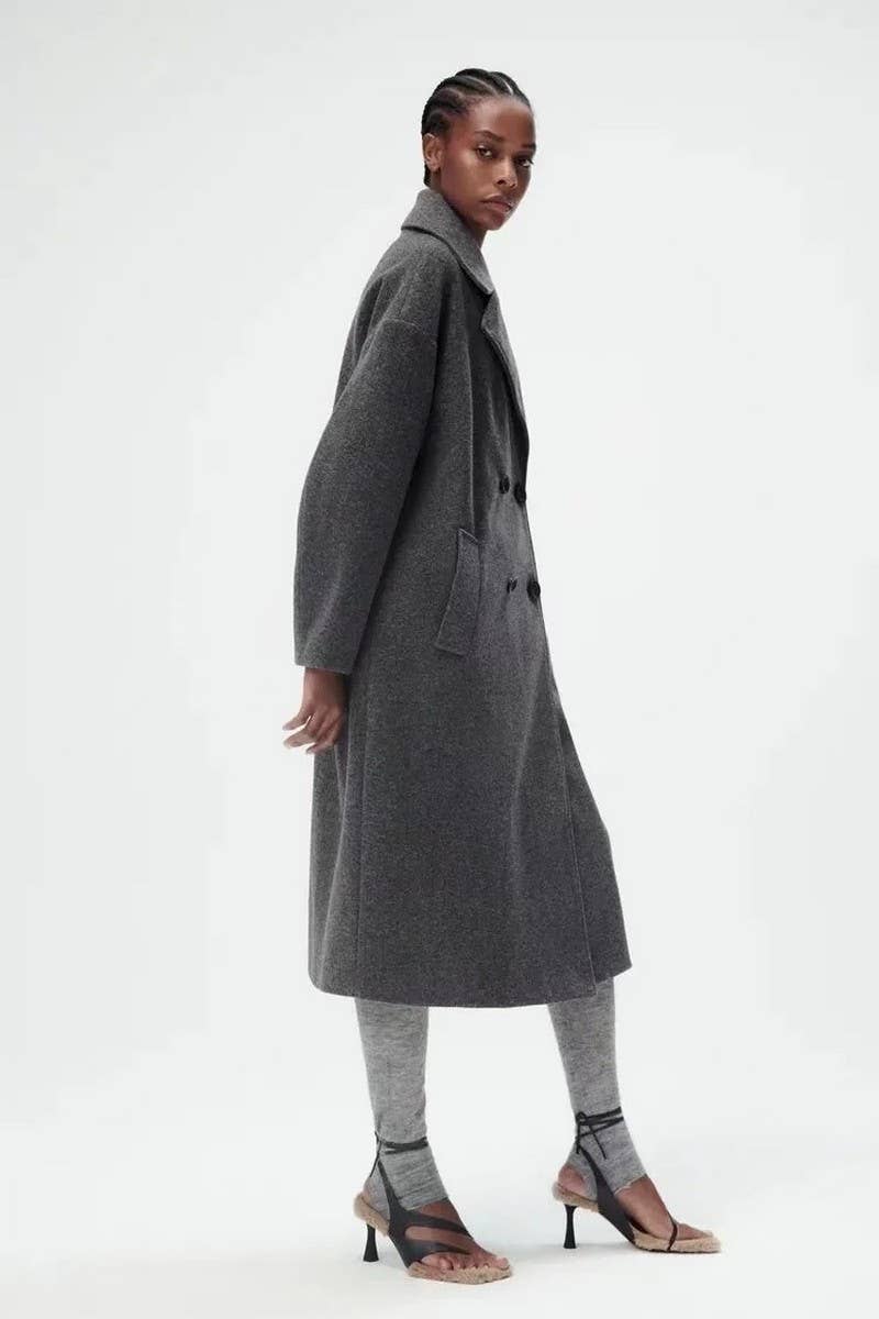 CWOCO1098_SOLID COLOR LAPEL LOOSE DOUBLE-BREASTED LONG COAT