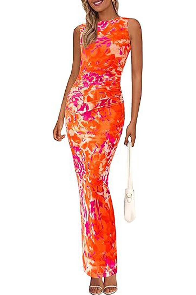 CWDMD6368_PLEATED FLORAL BODYCON SLEEVELESS MESH DRESS