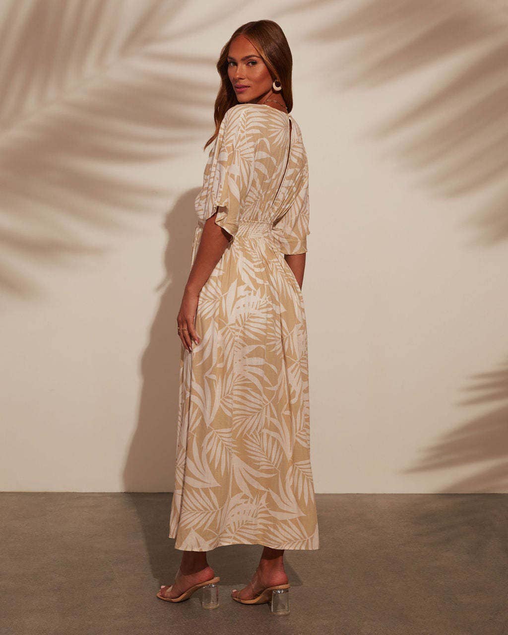 Printed short sleeve printed V-neck long  dress