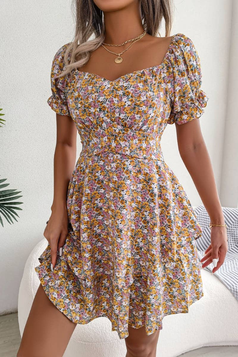 CWDSD4633_SUMMER FLORAL LACE-UP DRESS WITH WAIST SWING