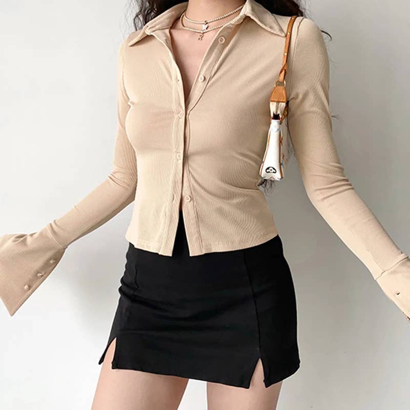 Temperament flared sleeve solid color shirt