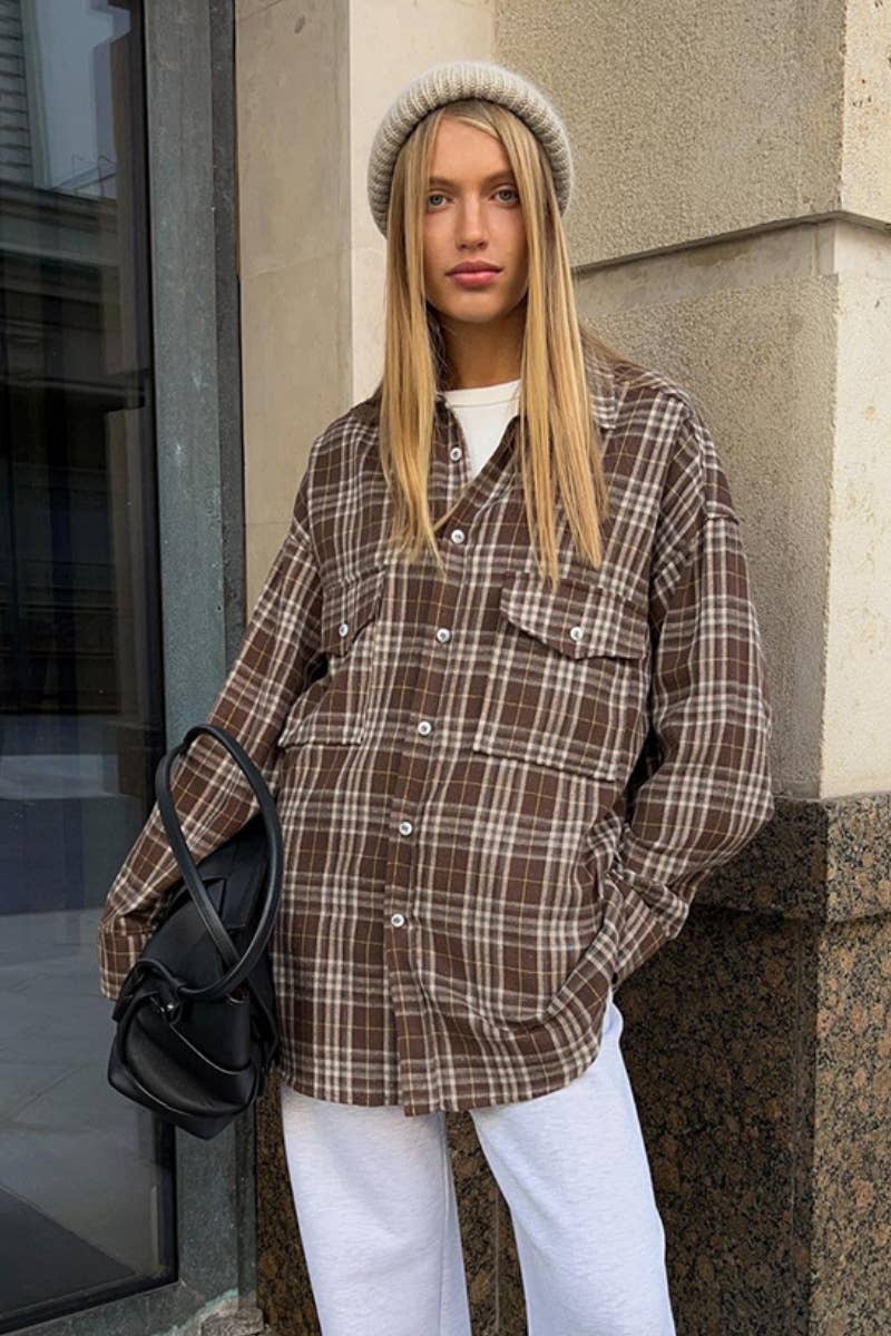 Cwtstl2319_Vintage Plaid Pocket Long Sleeve Shirt Top