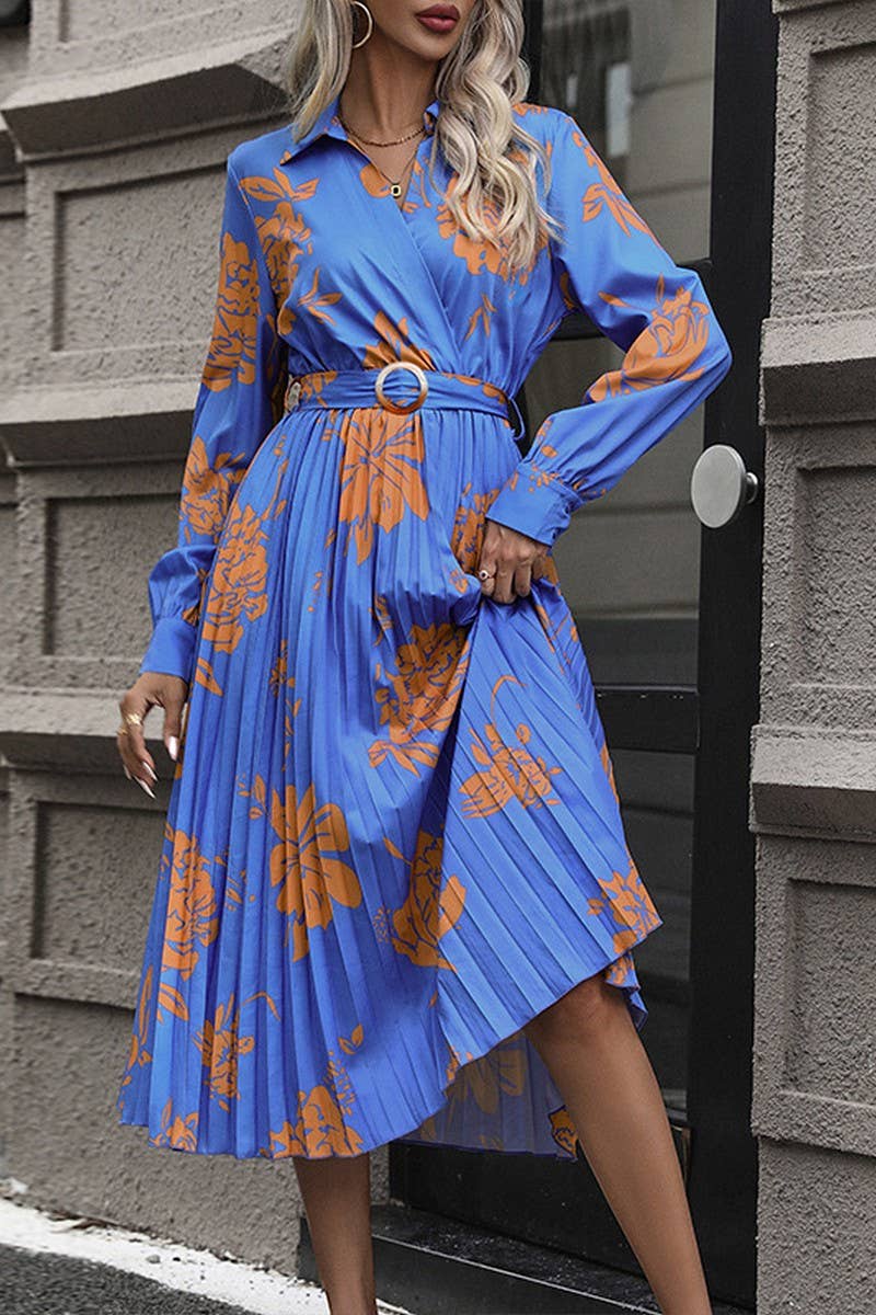SHIRT NECK PLEATED LONG SLEEVE BLUE DRESS_CWDSD2889