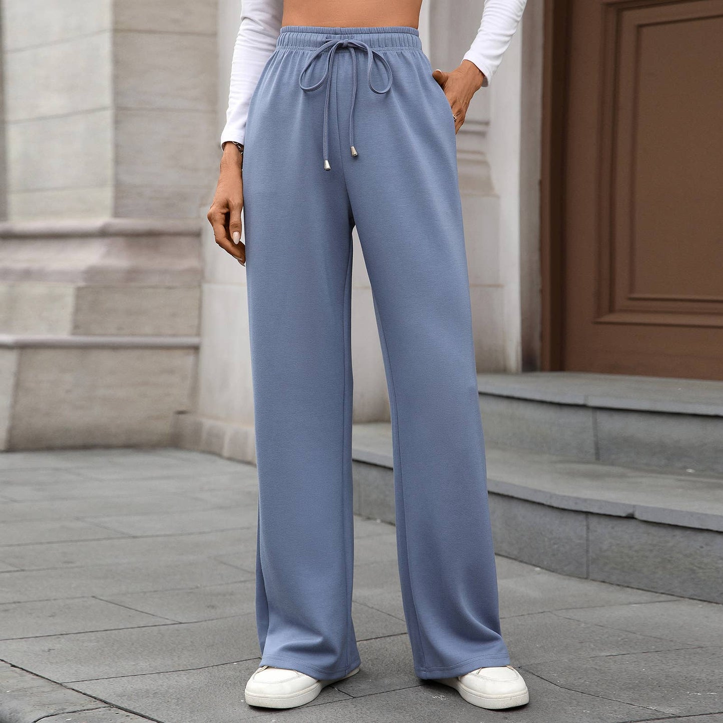 Solid color stretch waist loose straight pants