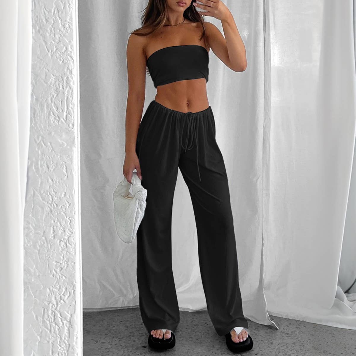 Women V-Neck Pleated Skirt Waist-Tie Raglan Shirt