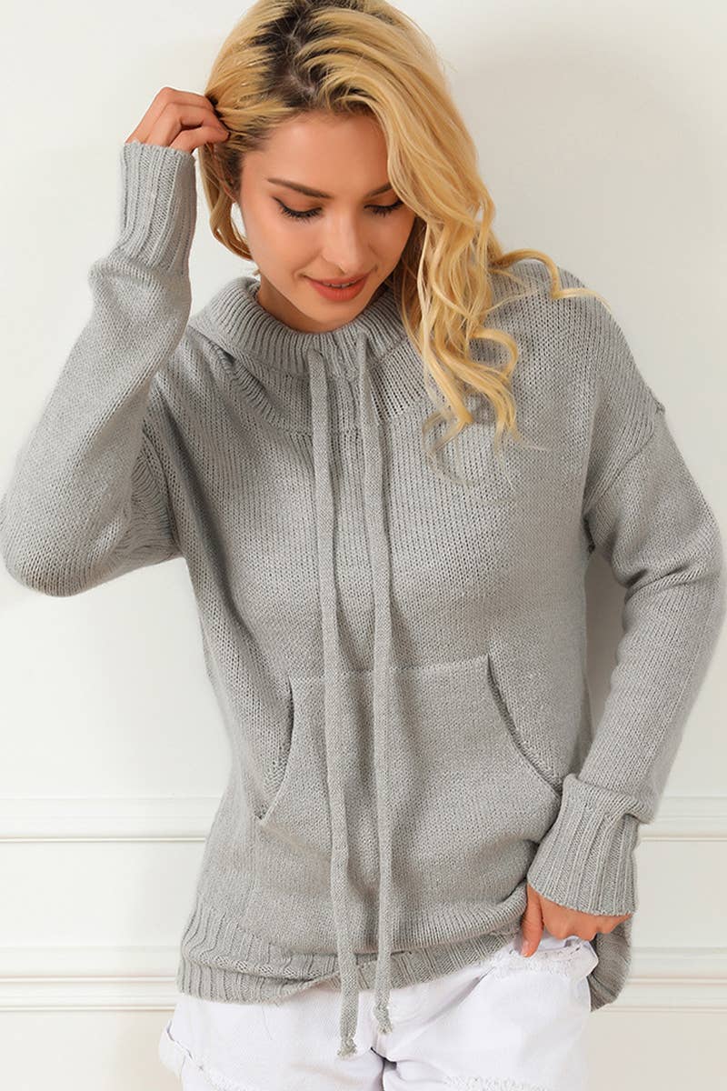 SOLID COLOR LOOSE DRAWSTRING POCKET LOOSE SWEATER