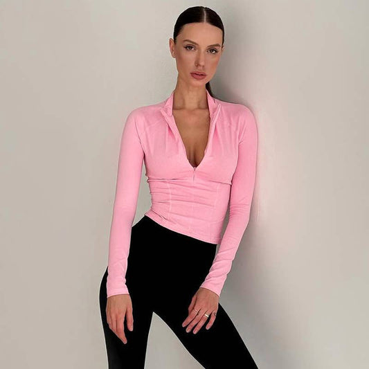 LAPEL ZIPPER PULLOVER LINE WAIST YOGA T-SHIRT