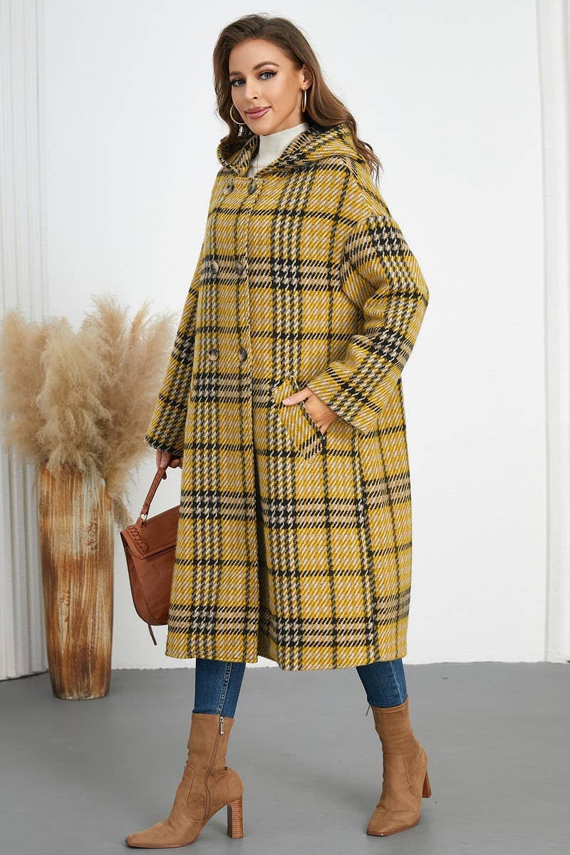 CWOCO0942_DOUBLE-BREASTED PLAID LAPEL LONG HOODED COAT