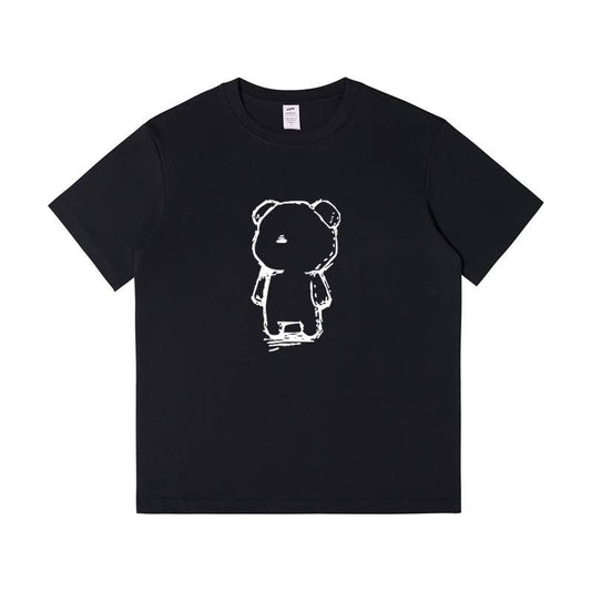 Cwtts0953_Black And White Bear Print Loose Casual T Shirt