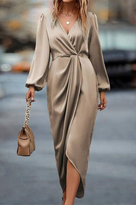 CWDMD4875_CROSS NECK SLIT PUFF SLEEVE IRREGULAR DRESS