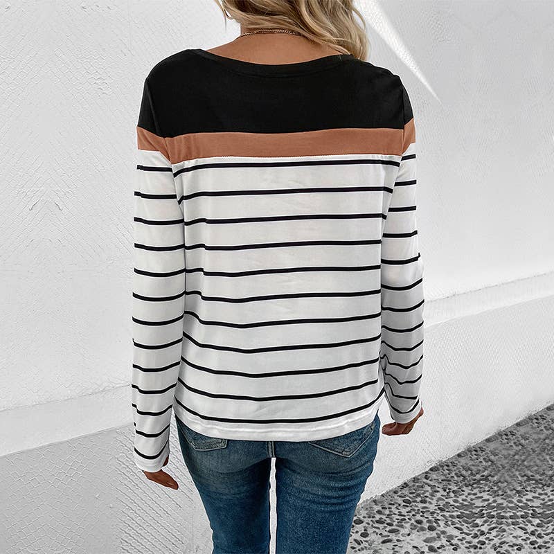 SIMPLE STRIPED COLOR CONTRAST LONG-SLEEVED TSHIRT