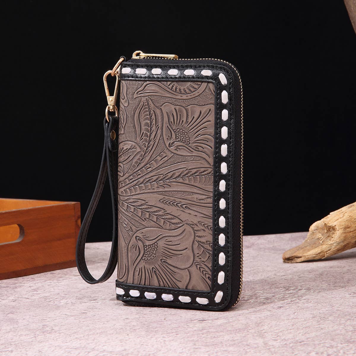 LEATHER CARVED EMBOSSED BOHEMIAN CLUTCH WALLET_CWAB2592