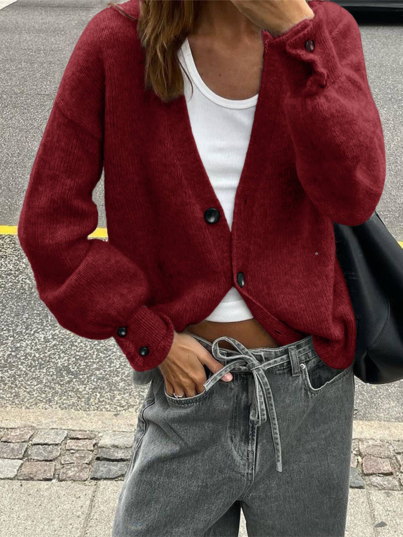 Simple button solid-color long-sleeved sweater