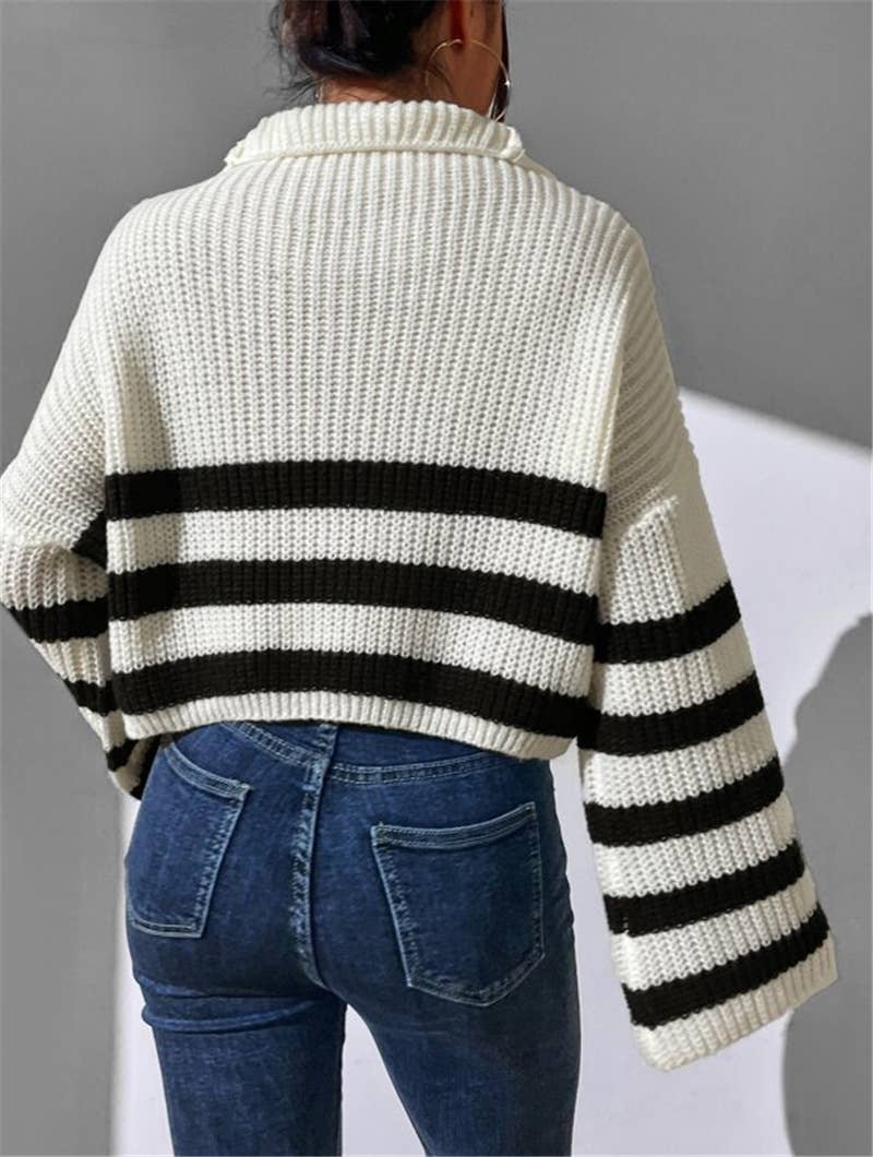 Striped color-blocking stand-up knitted sweater