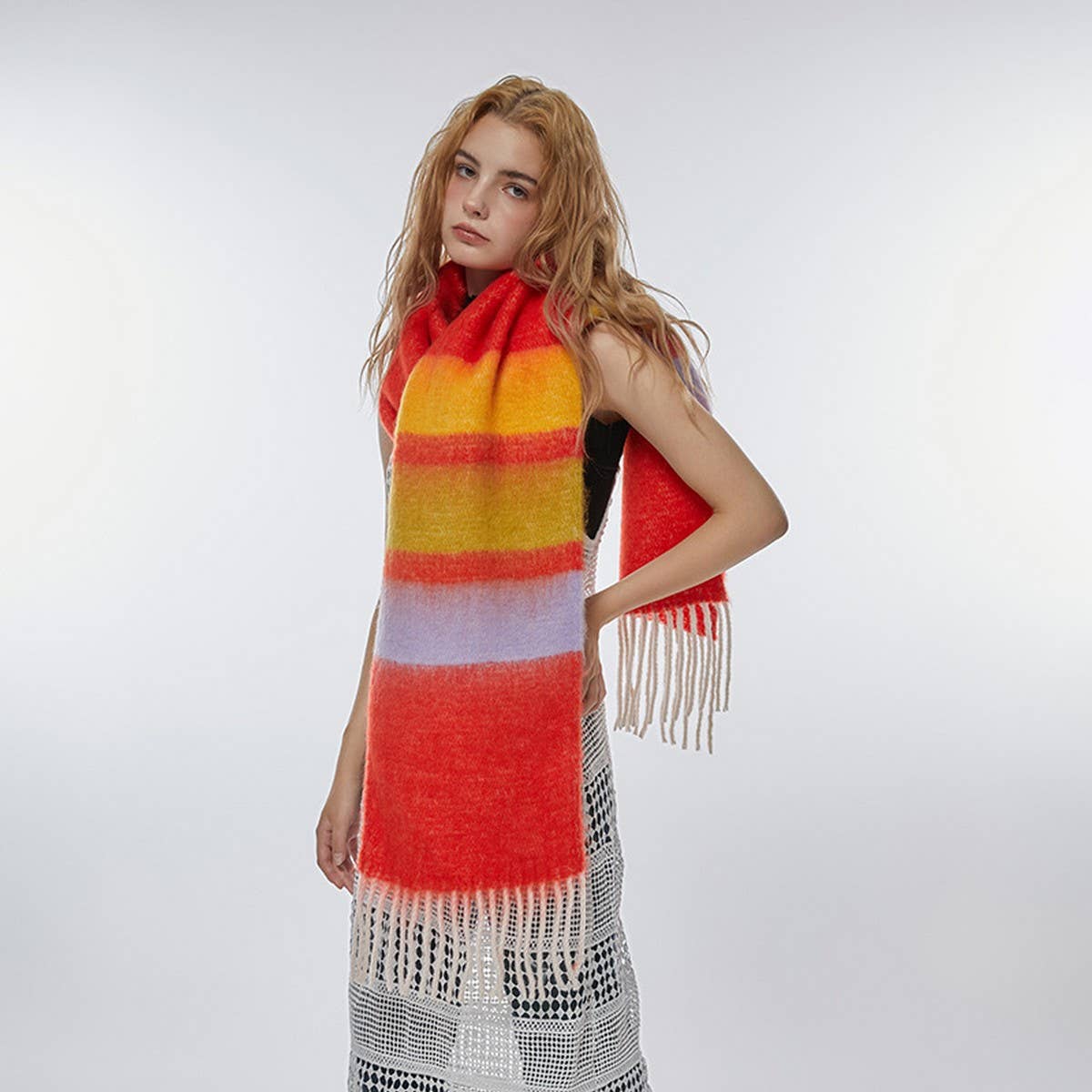 Rainbow Stripe Faux Cashmere Scarf for Winter_CWASC2345