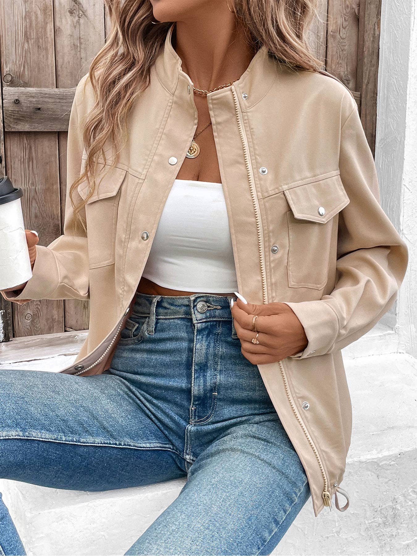 SOLID COLOR ZIP-UP JACKET WITH STANDING COLLAR