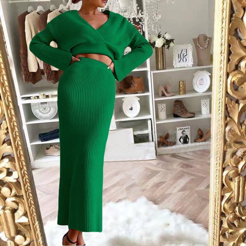 LONG SLEEVE V-NECK SWEATER LONG SKIRT SUIT