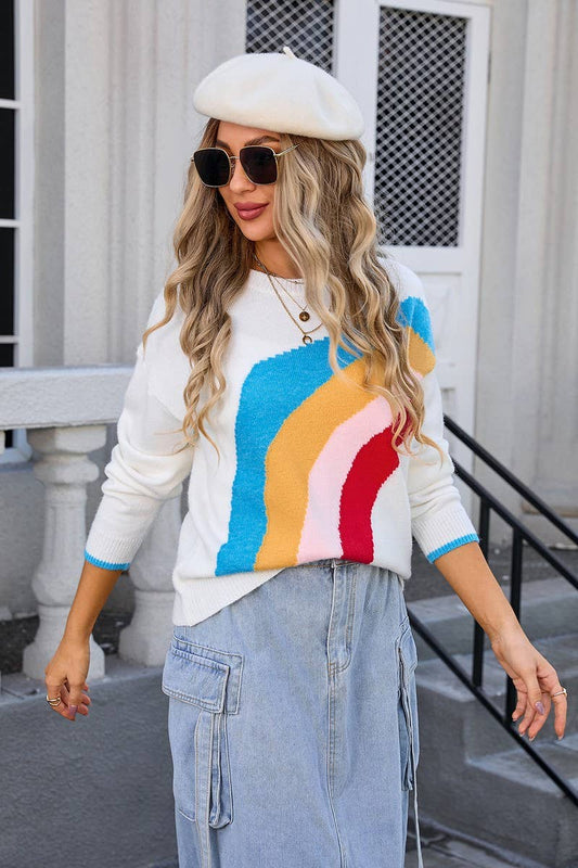 Cwoswl3116_Round Neck Rainbow Stripe Knit Top