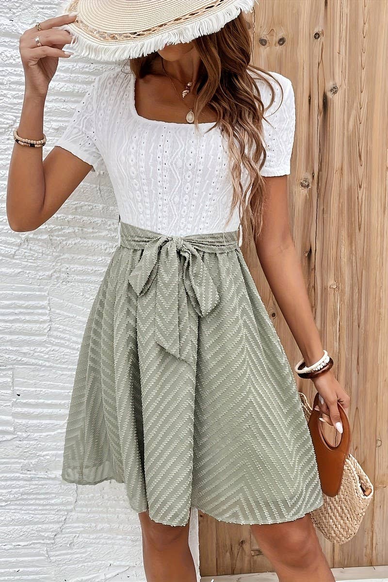 CWDSD8765_SUMMER SQUARE NECK PATCHWORK SLIM DRESS