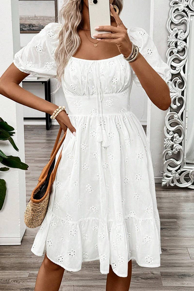 CWDSD8530_SOLID SMOCKED SQUARE NECK SHORT SLEEVE DRESS