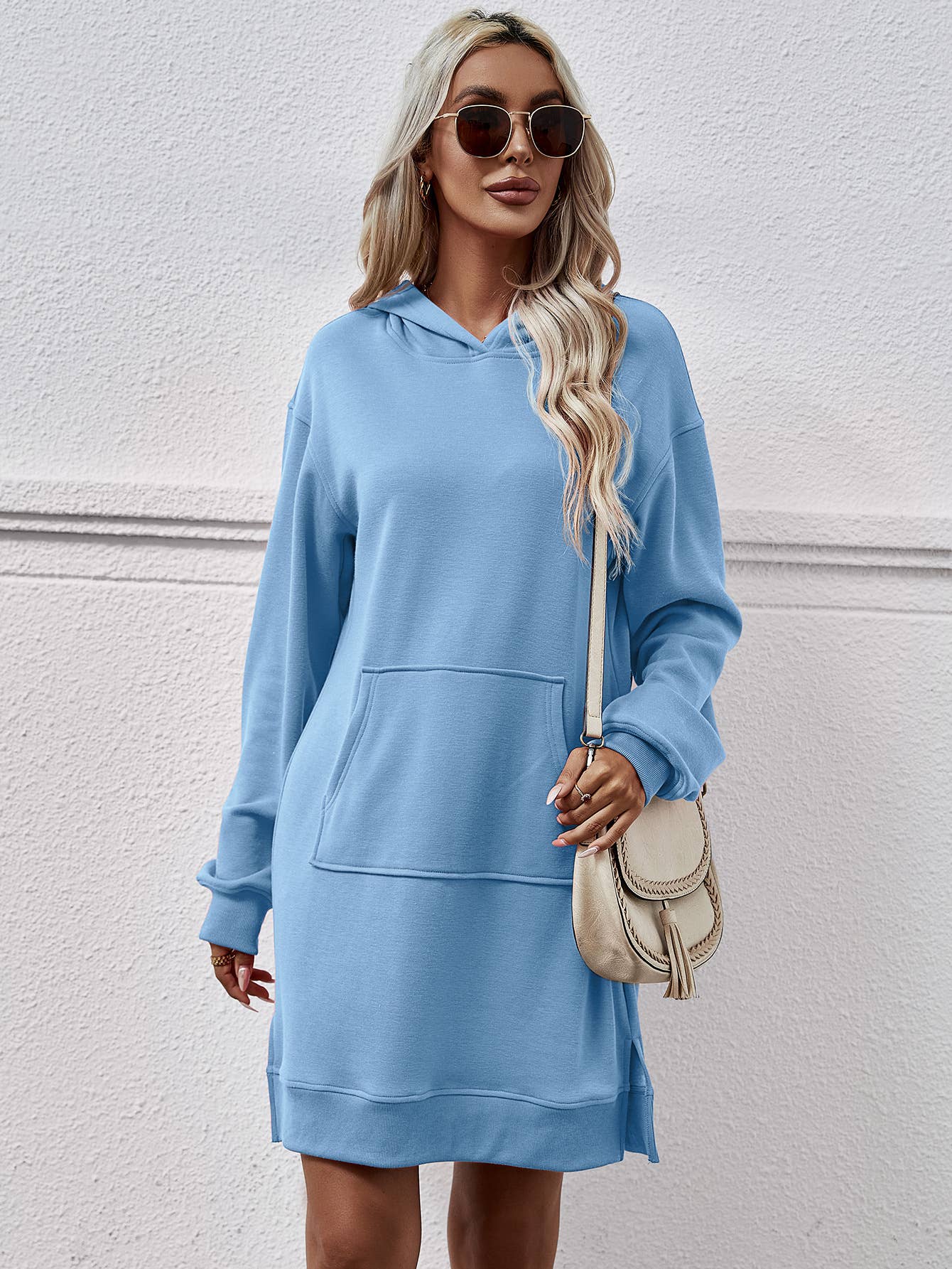 Hooded long-sleeved kangaroo pocket split dress