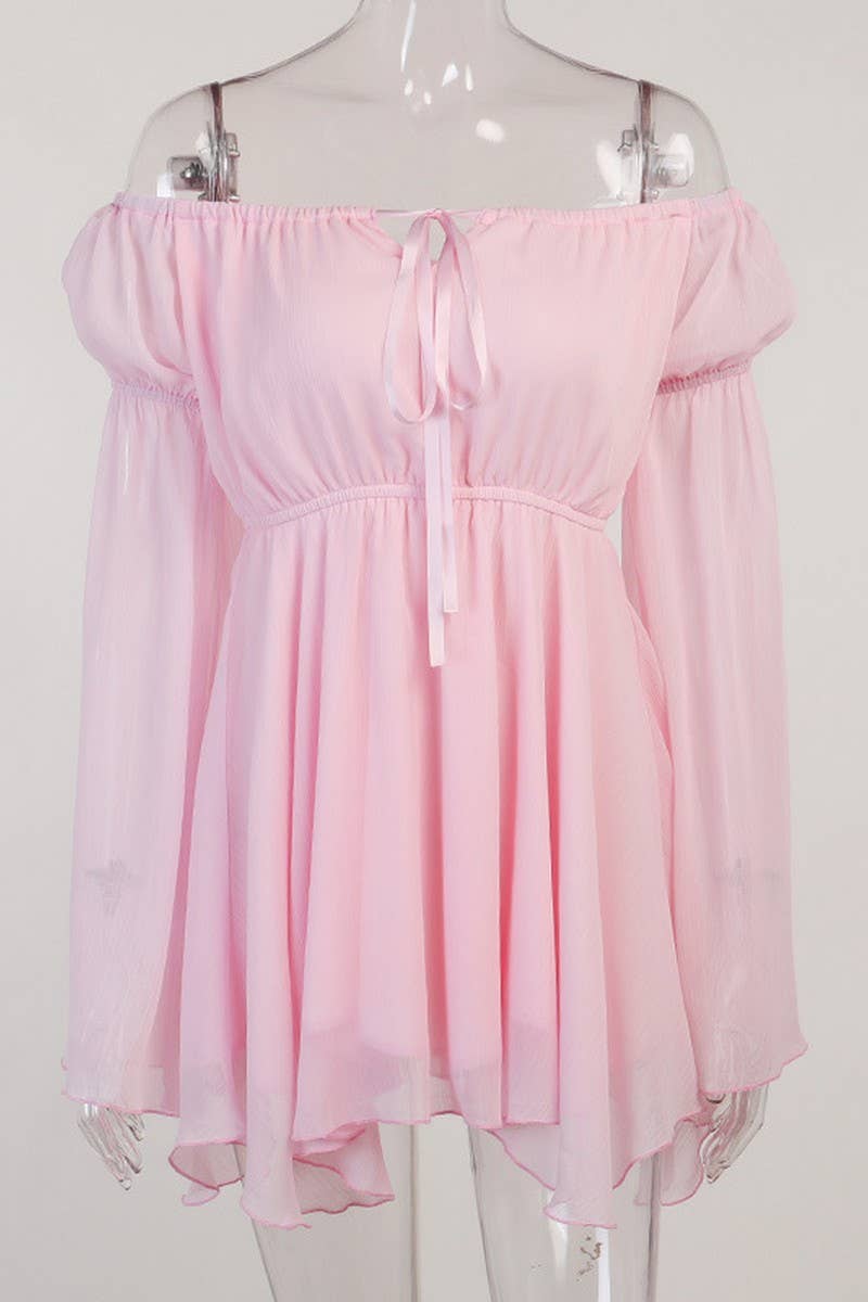 CWDSD6716_OFF-THE-SHOULDER TIE WAIST FLARED SLEEVE DRESS