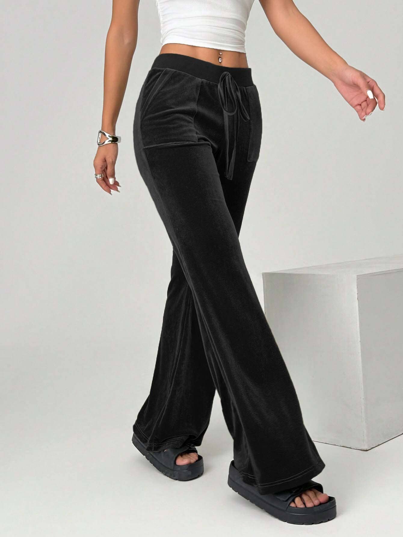 SIMPLE VELVET DRAWSTRING SKINNY WIDE-LEG PANTS
