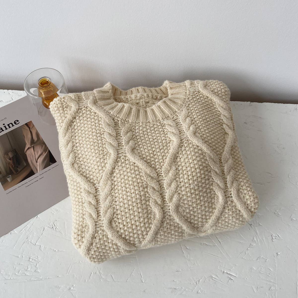 Twist loose solid color crew neck pullover sweater