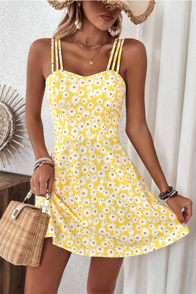 Short waistline yellow floral print halter dress