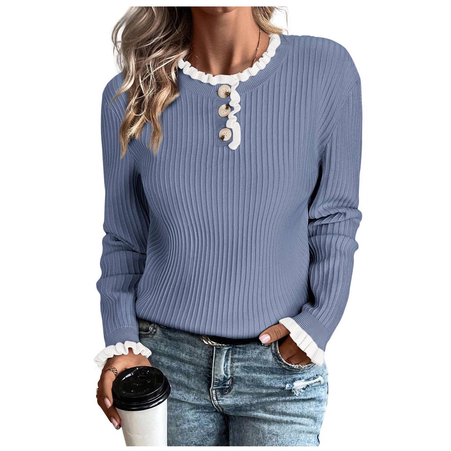 ROUND NECK WOODEN EAR NECK WOMEN'S KNITTED TOP