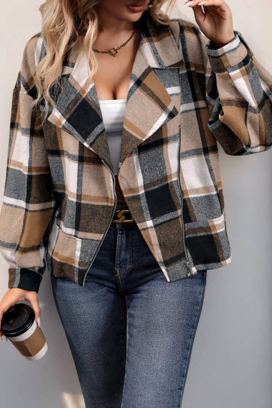 CWOJA1533_VINTAGE WOOLEN CARDIGAN PLAID ZIPPER COAT