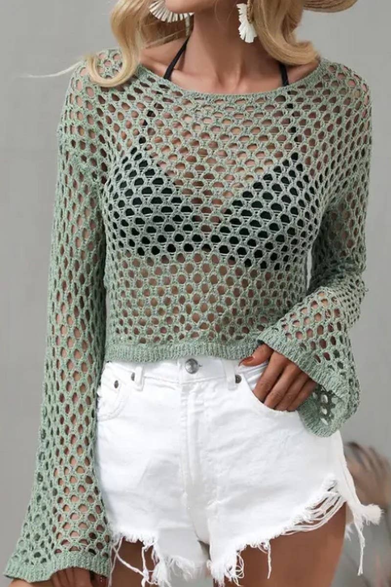 CWTSTSL0109_SPRING AND SUMMER CREW NECK HOLLOW KNIT CARDIGAN