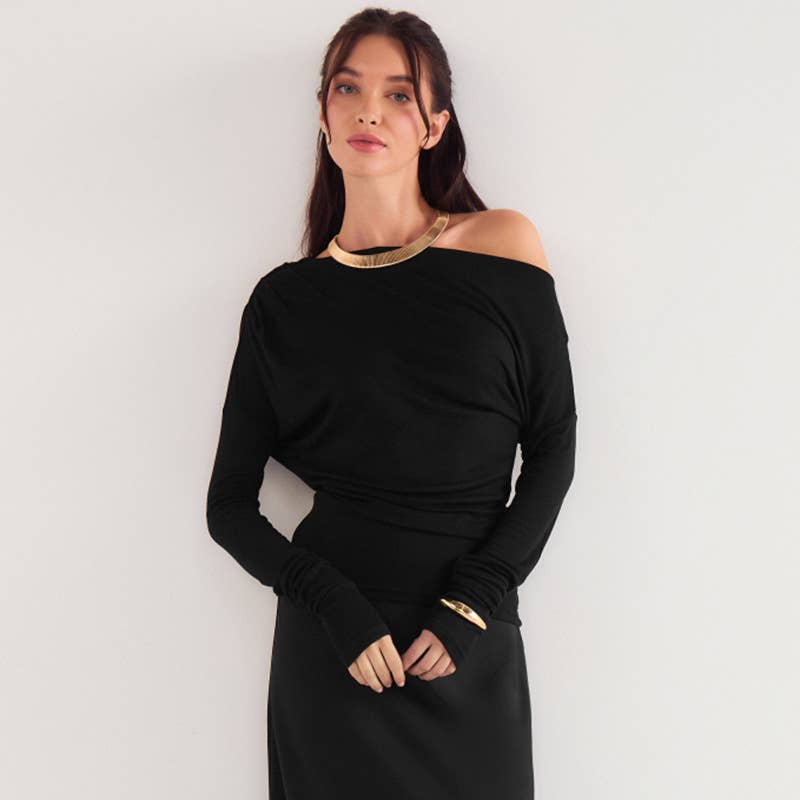 SOLID COLOR SLANT NECK OFF-THE-SHOULDER TOP