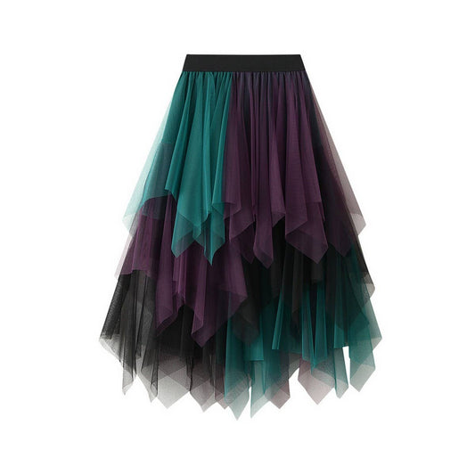 Colorblock Layered Tulle Irregular Midi Skirt