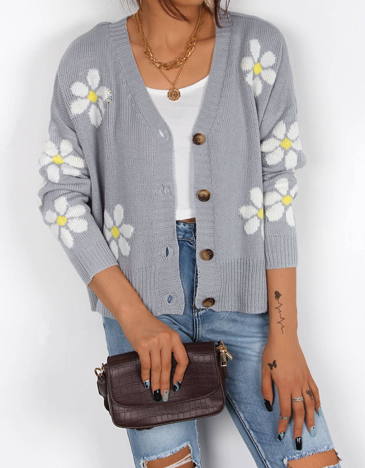 V-NECK FLORAL SINGLE-BREASTED KNIT CARDIGAN