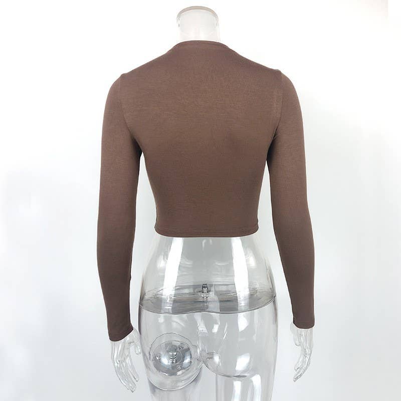 SLIM MIDRIFF HIGH-NECK SHORT LONG-SLEEVED TOP