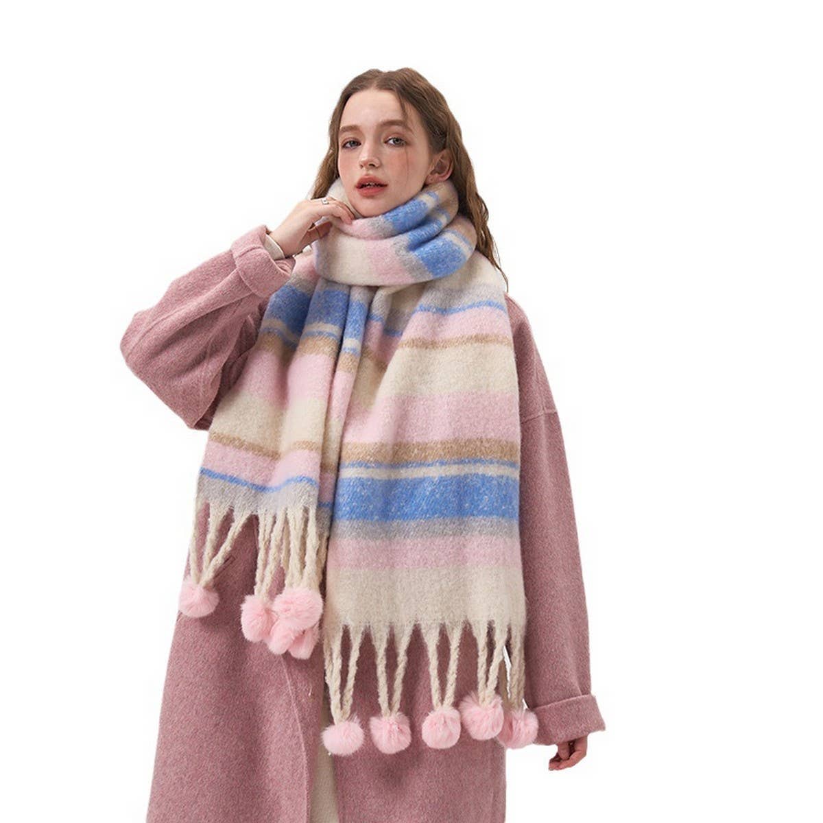 Cozy Colorblock Stripe Pom-Pom Scarf for Winter