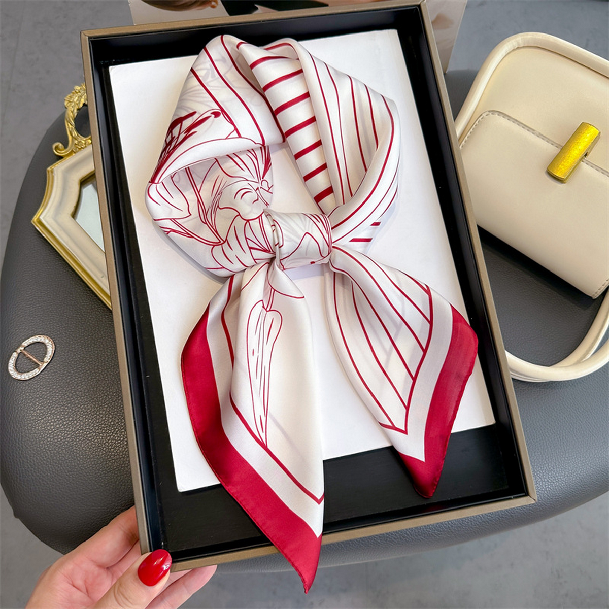 Lily Print Satin Square Scarf for Summer Sun