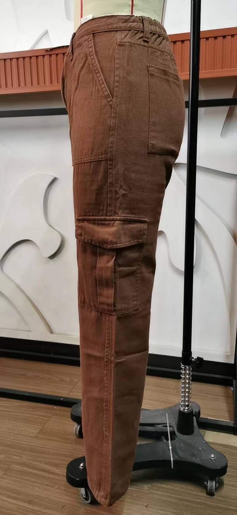 Washed semi-elastic waist denim workwear trousers